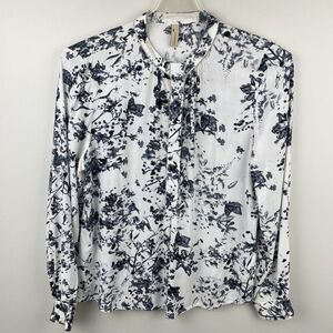 Caddis Fly Popover Tunic Top Womens L Gray White Floral Blouse Butterfly Classic